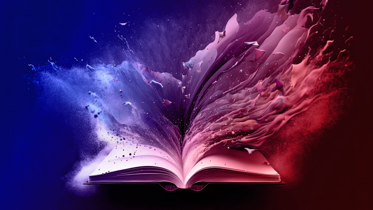 Storytelling im Marketing: Ein Buch entlässt grafisch dargestellt seine Geschichten aus seiner aufgeschlagenen Mitte.