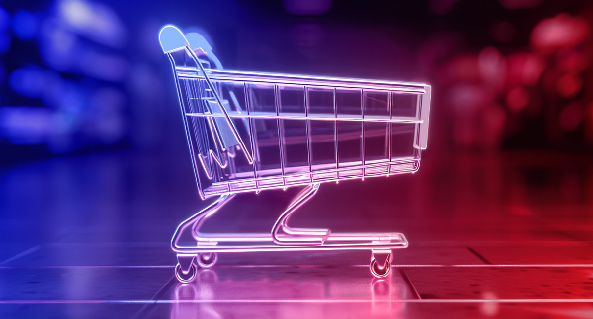 A digital shopping cart in fluorescent colors symbolizes the e-commerce trends of 2025.