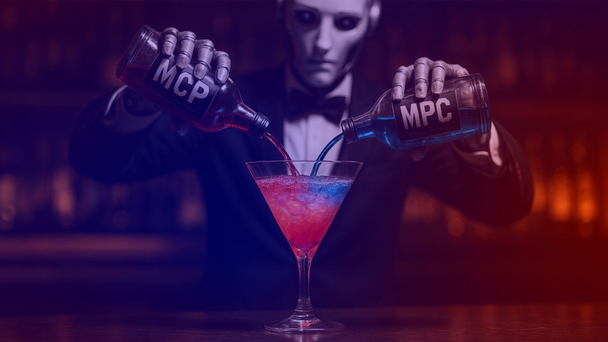 Robot mixing a colorful cocktail of MCP and MPC—symbolizing Agentic AI combining technologies