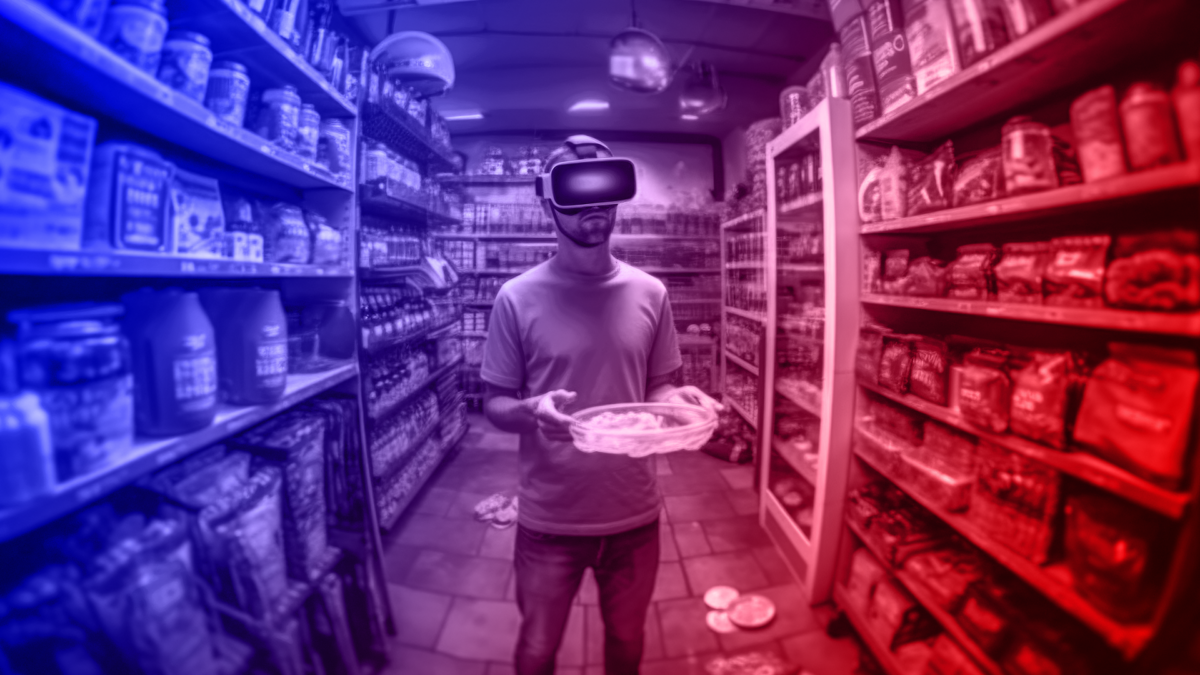 VR Marketing der Lebensmittelindustrie: Eine Person mit VR-Headset steht im Supermarkt.