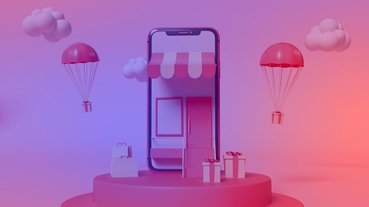 Symbolische Darstellung eines TikTok Shops: Smartphone als Ladengeschäft mit schwebenden Geschenkboxen, Einkaufstaschen und rosa Hintergrund