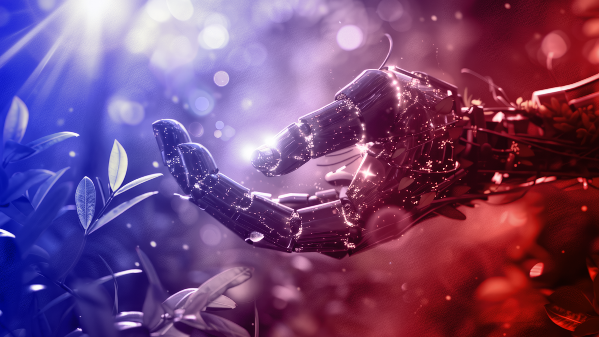KI und Umweltschutz: Eine Roboterhand streichelt ein Blatt