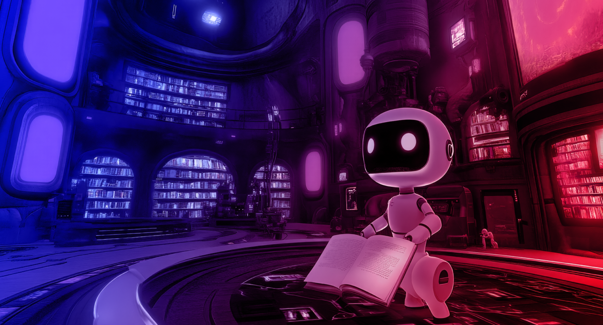 Interactive Fiction: Ein Roboter steht in einer futuristischen Bibliothek und hält ein Buch in den Händen.