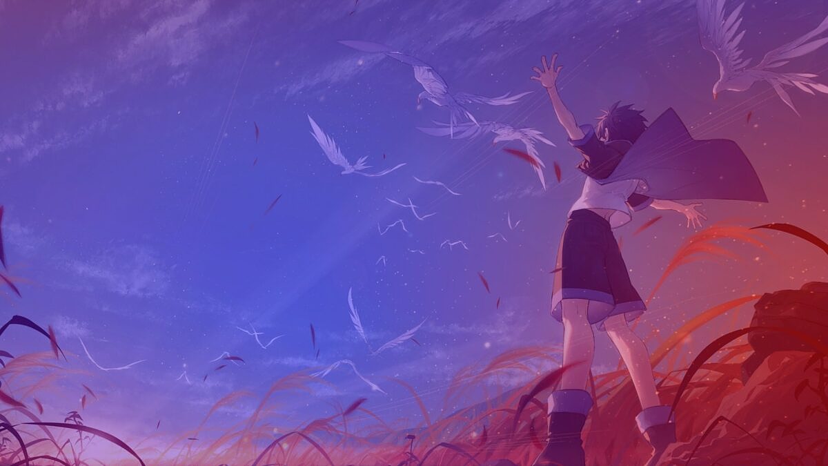Person in stilisierter Anime-Umgebung mit flatternden Vögeln im Sonnenuntergang – KI-Visualisierung in Ghibli-Ästhetik