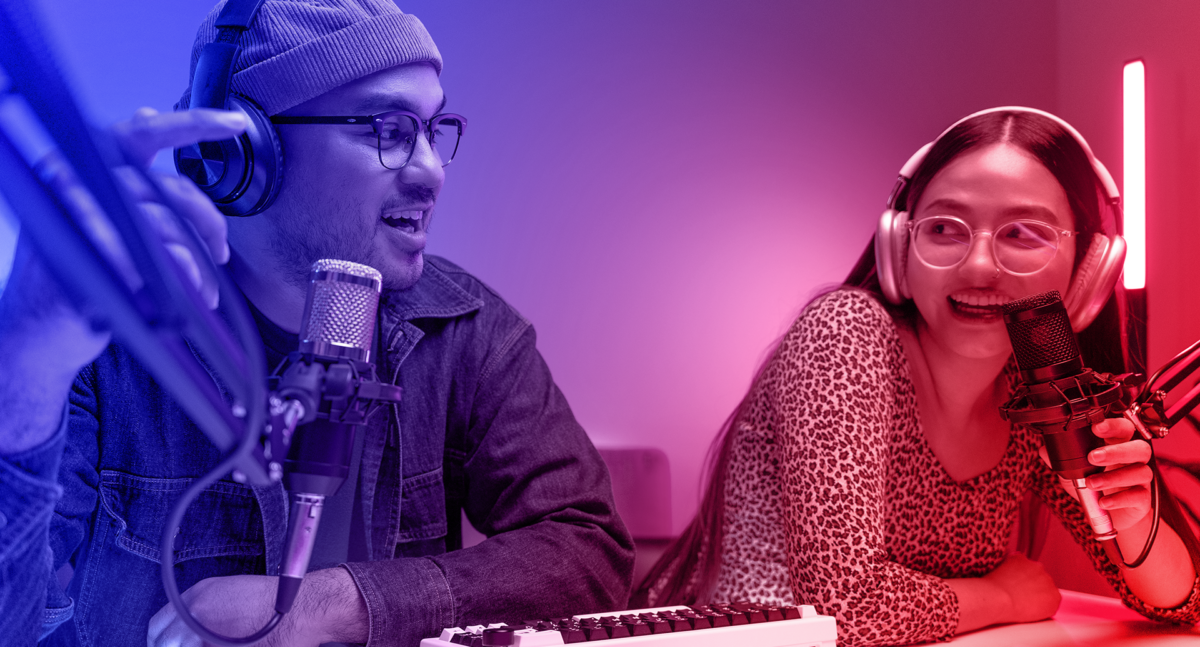 The creator economy: influencers in front of the microphone in a studio