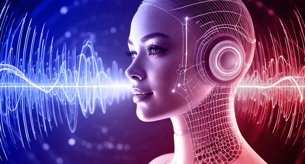 A humanoid robot with sound waves represents voice assistants in marketing