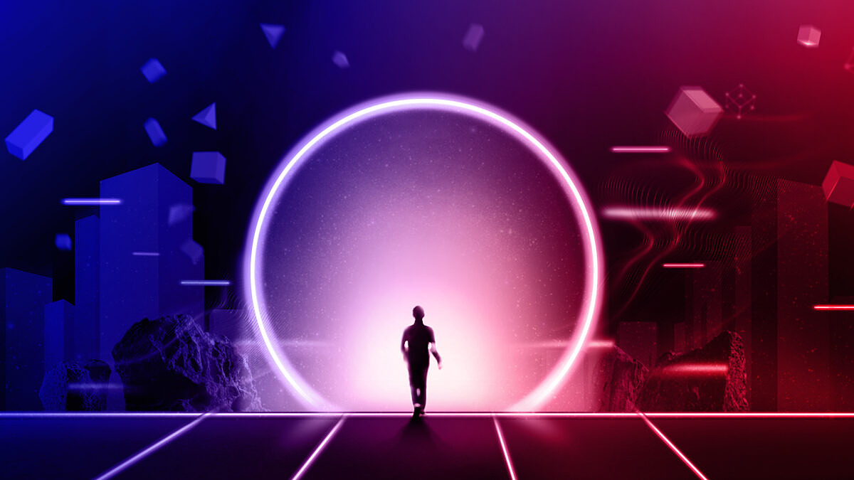 Digital leadership: a young man in a suit is standing in front of a futuristic portal.