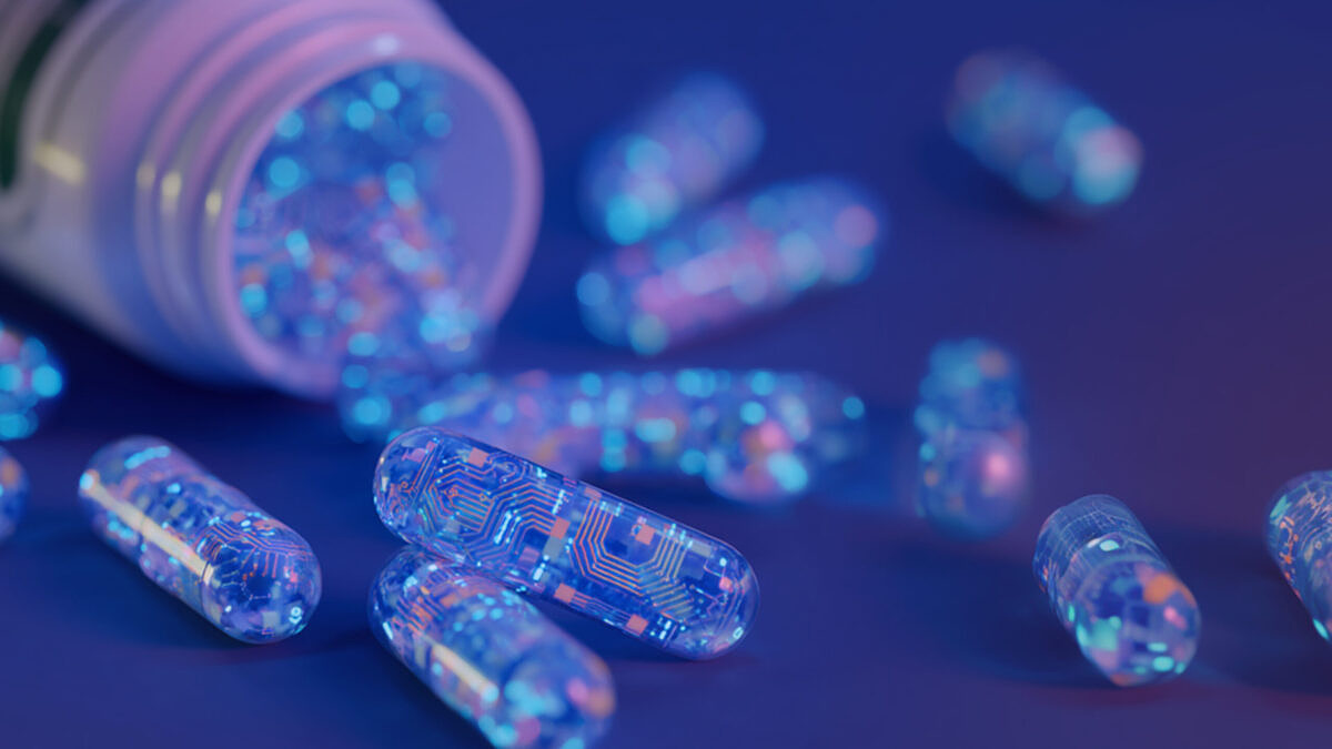  AI in pharmaceutical sales: Abstract representation of futuristic capsules with glowing circuit patterns