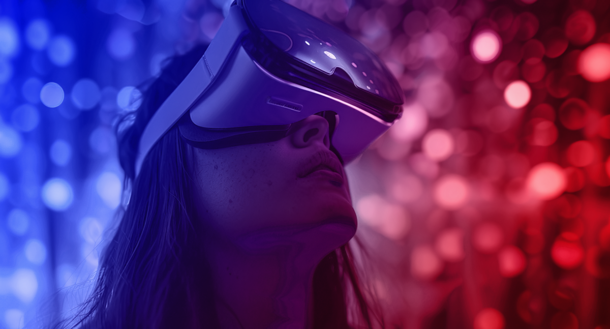 Immersive brand experience: woman wearing a VR headset looks upward.