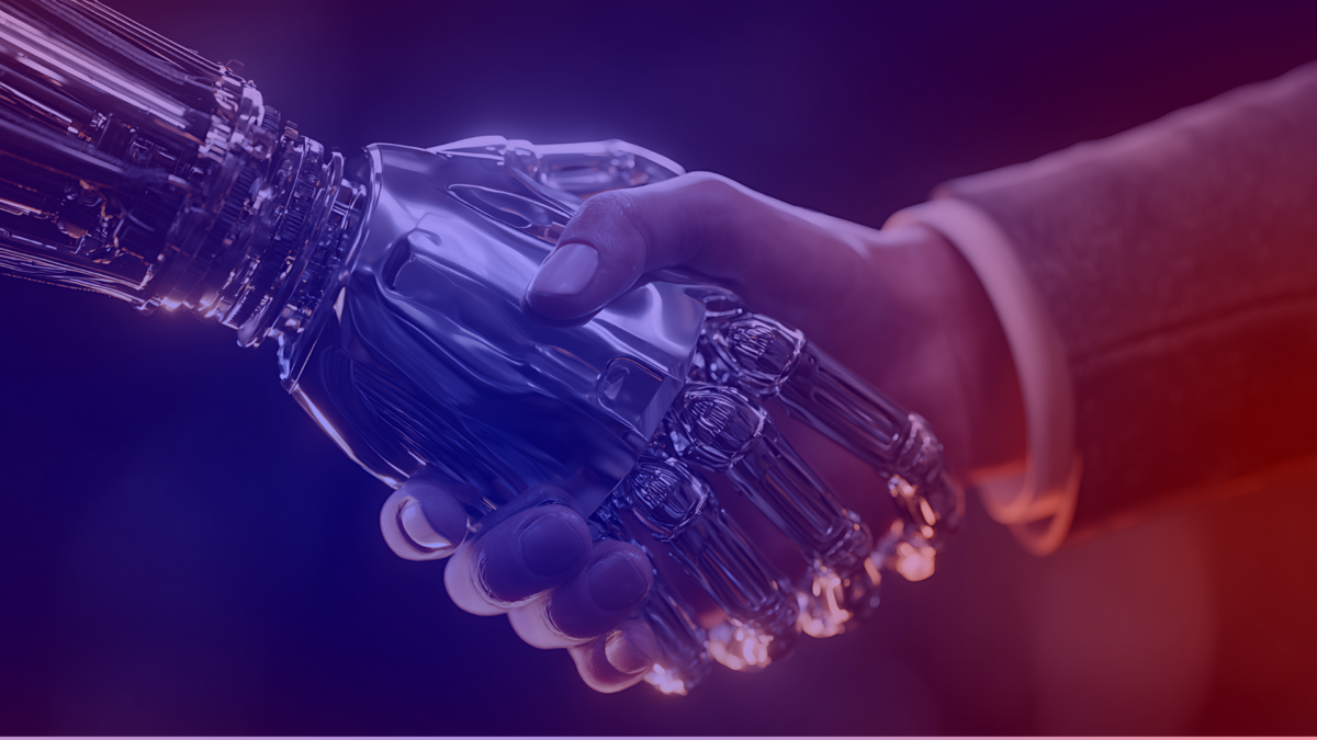Ein Roboter und ein Mensch geben sich die Hand als Symbolbild für den Einsatz von KI 2026 im Marketing