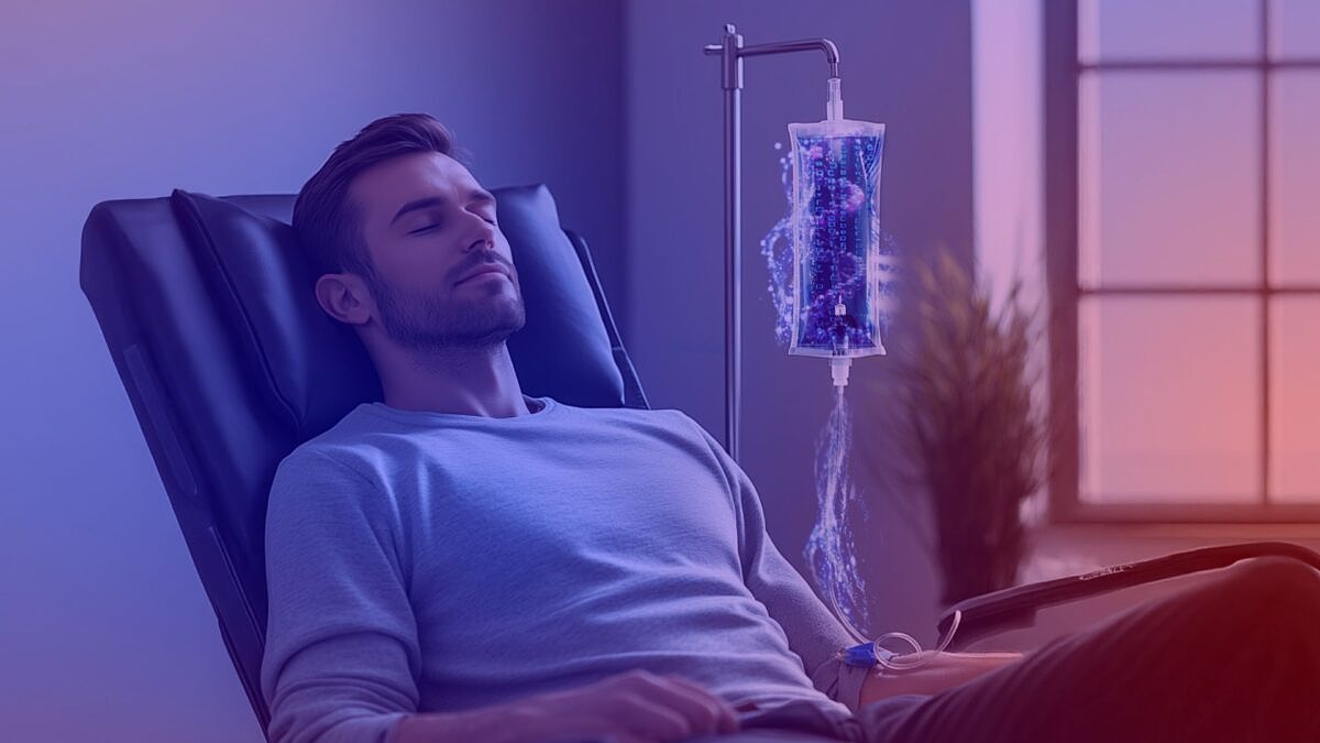 Ein Mann liegt entspannt im Sessel, erhält eine futuristische Infusion aus leuchtenden Datenströmen – Symbiose aus Technik und Medizin.