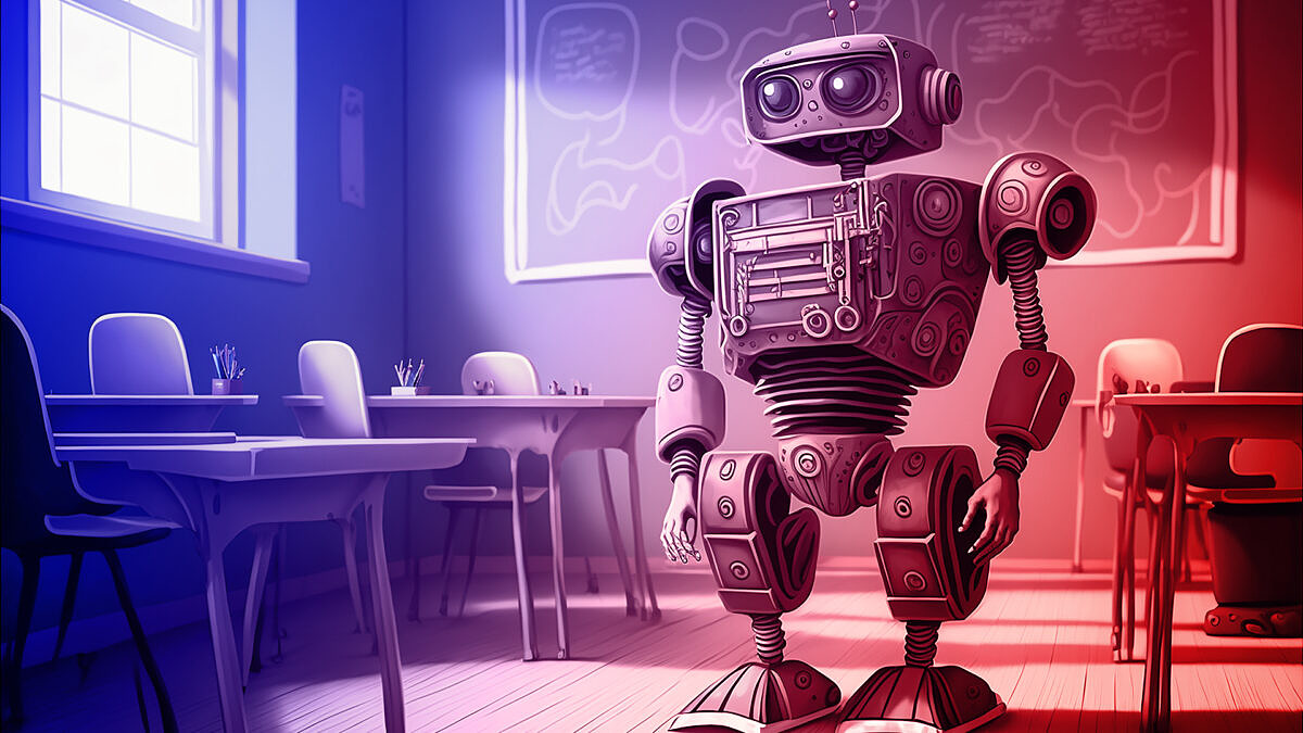 KI in der Bildung: Ein Roboter wandert durch ein Klassenzimmer.