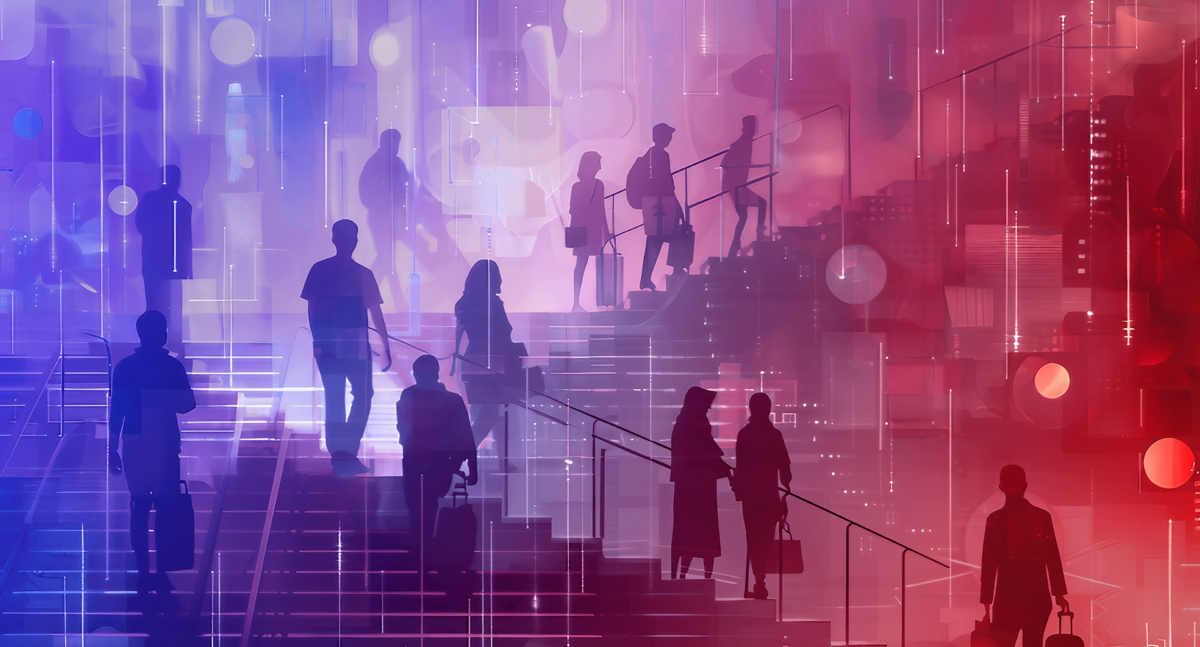 Digitale Barrierefreiheit: Mehrere Menschen steigen eine breite Treppe hoch.