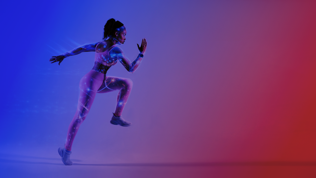 Digital health: a digitally networked woman is sprinting forward.