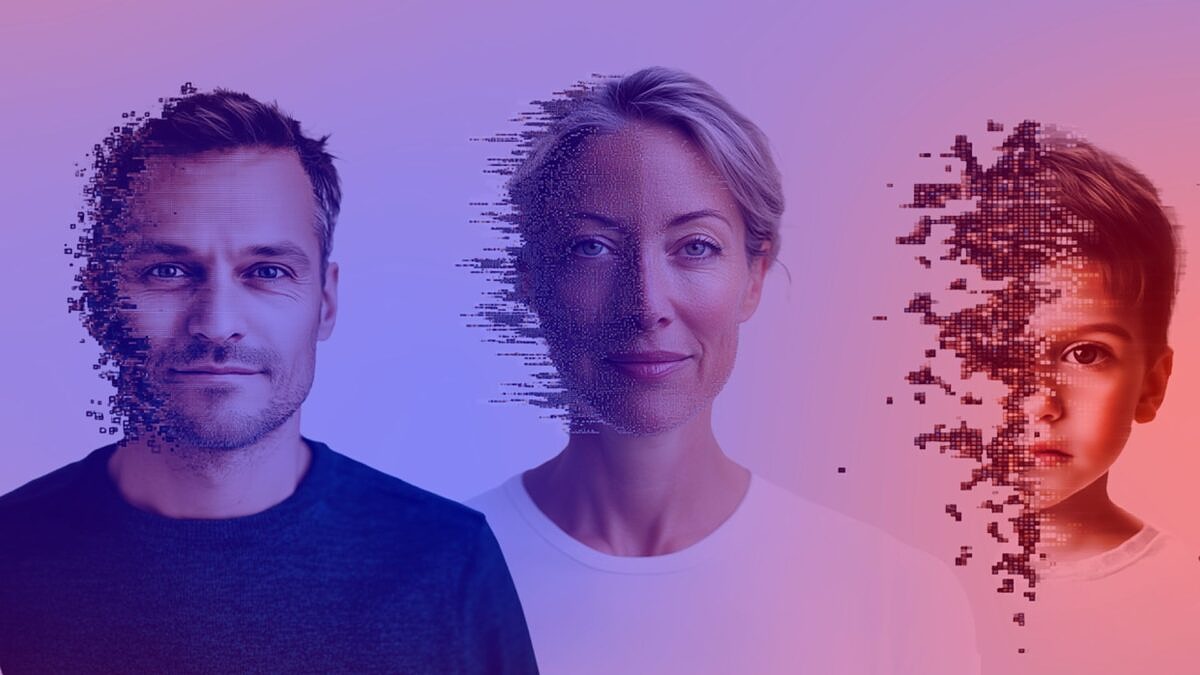 Dank KI in der Medizin: Drei digitale Zwillinge: Ein Mann, eine Frau und ein Kind mit sich aus Pixeln aufbauenden Gesichtern als KI-Simulation