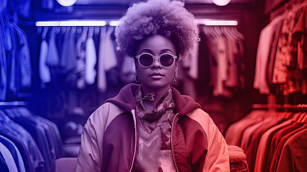 Produktdifferenzierung und Nachhaltigkeit: Eine Frau mit Afro und Sonnenbrille steht in einem Bekleidungsgeschäft.