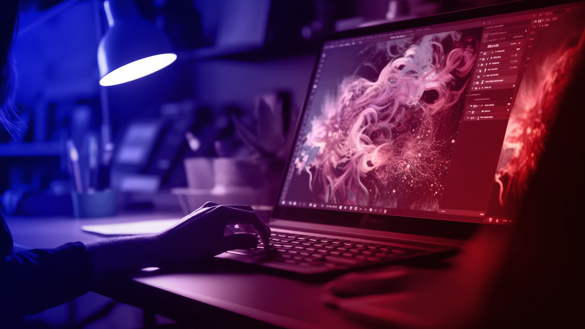 Generative AI: A person sitting in front of a laptop is creating an abstract, colorful design on-screen.