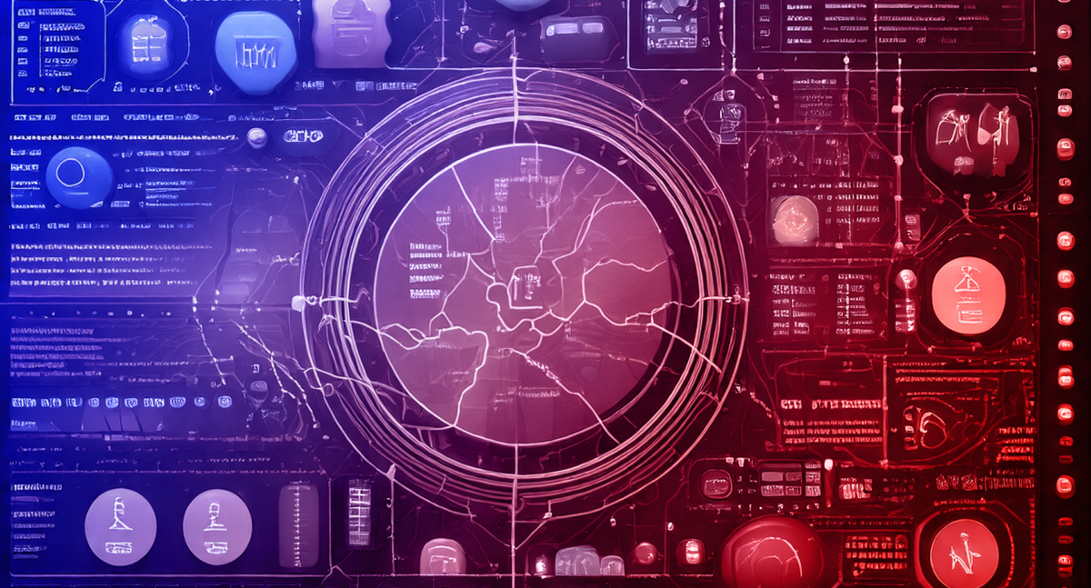 Futuristische Benutzeroberfläche mit kreisförmigem Netzwerkdiagramm und technischen Elementen in Blau-Rot-Tönen.