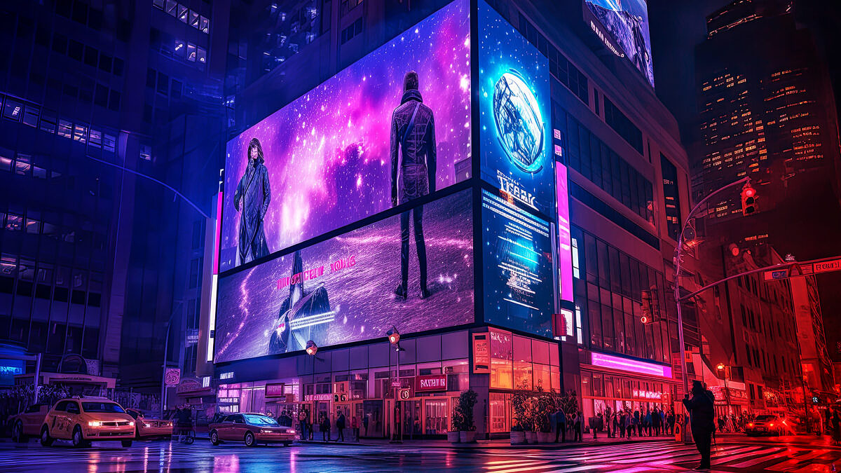 Digitalvermarkter: Eine LED-Werbetafel an einer Straßenkreuzung zeigt eine Anzeige für einen spannenden Actionfilm.