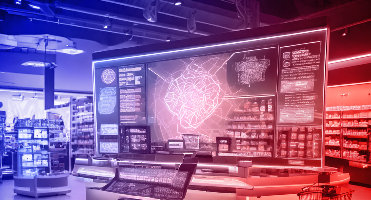 POS Marketing: Beispielbild eines Supermarkts mit großem digitalem Screen